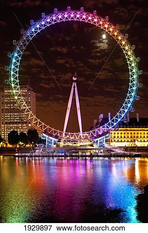 Stock Photo - Big Wheel Aka London Eye Lit Up With The Rainbow Colours During Pride Night, London, Uk. Fotosearch