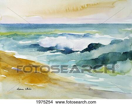 Picture - Billows, Wave Curling Near Seashore (Watercolor Painting).. Fotosearch
