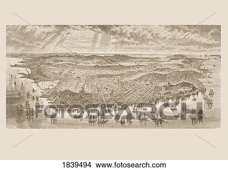 Picture - Bird's Eye View Of San Francisco, California In 1875. From American Pictures Drawn With Pen And Pencil By Rev Samuel Manning Circa 1880. Fotosearch