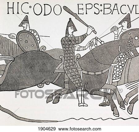 Stock Photo - Bishop Edues Holding His Baton Of Office And Encouraging The Duke Of Normandy's Soldiers At The Battle Of Hastings. After A Detail In The Bayeux Tapestry. From Military And Religious Life In The Middle Ages By Paul Lacroix Published London Circa 1880.. Fotosearch