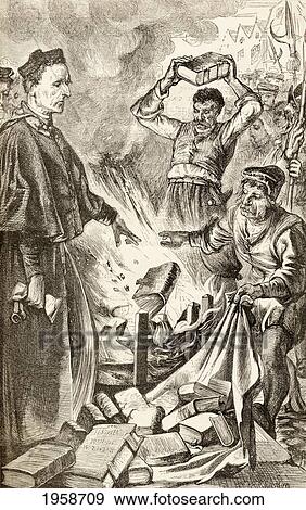 Stock Photo - Bishop Tunstall Burning Copies Of William Tynedale's New Testament At Cheapside, London. Cuthbert Tunstall, 1474 To 1559. English Church Leader, Diplomat, Administrator, Bishop And Royal Adviser. From The Book Of Martyrs By John Foxe, Published C. 1865.. Fotosearch