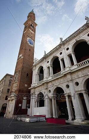 Stock Photograph - Bissara Tower And Loggia Of The Basilica Palladiana By Architect Andrea Palladio, Vicenza, Italy. Fotosearch