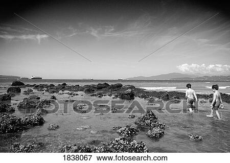 Black And White Image Of Boys Playing On Rocky Beach; Vancouver, Canada View Large Photo Image Stock Photo - Black And White Image Of Boys Playing On Rocky Beach; Vancouver, Canada. Fotosearch