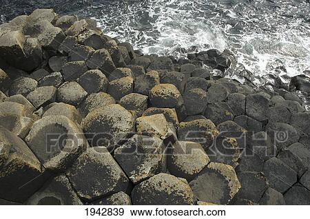 Stock Photo - Black Basalt Columns Sticking Out Of The Sea, Giant's Causeway, Northern Ireland, United Kingdom. Fotosearch