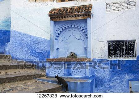 Stock Photo - Black cat walking up stairs past water fountain; Chefchaouen, Morocco. Fotosearch