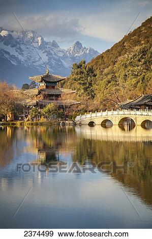 Stock Photo - Black Dragon Pool with Jade Dragon Snow Mountain in background; Lijiang, Yunnan Province, China. Fotosearch