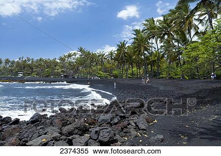 Stock Photography - Black sand beach near Punaluu; Big Island, Hawaii, United States of America. Fotosearch