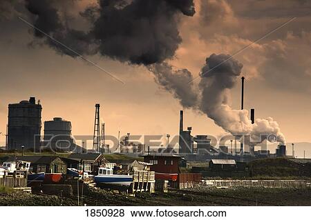 Stock Photo - Black Smoke Emitting From Factory Smokestack; Teesside, North East England. Fotosearch