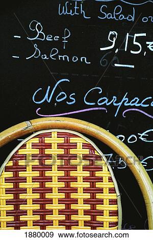 Blackboard Menu And Chair In A Cafe, Close-Up View Large Photo Image Stock Photo - Blackboard Menu And Chair In A Cafe, Close-Up. Fotosearch