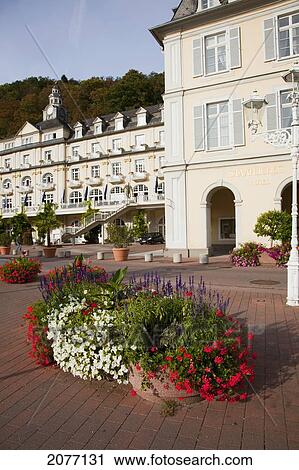 Stock Image - Blossoming Flower Pots Along The Street; Bad Ems Rheinland-Pfalz Germany. Fotosearch