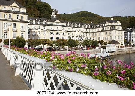 Picture - Blossoming Flowers In Planters Along The Railing Of The Promenade Along River Lahn; Bad Ems Rheinland-Pfalz Germany. Fotosearch