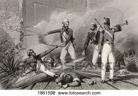 Stock Photo - Blowing Up Of The Cashmere Gate At Delhi From The History Of The Indian Mutiny Published 1858. Fotosearch