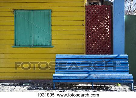 Stock Photography - Blue Bench, La Boca, Buenos Aires, Argentina; La Boca, Buenos Aires, Argentina. Fotosearch