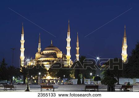 Stock Image - Blue Mosque at nighttime; Istanbul, Turkey. Fotosearch