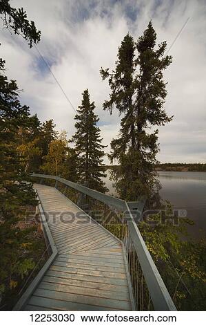 Stock Image - Boardwalk by a lake; Yellowknife, Northwest Territories, Canada. Fotosearch