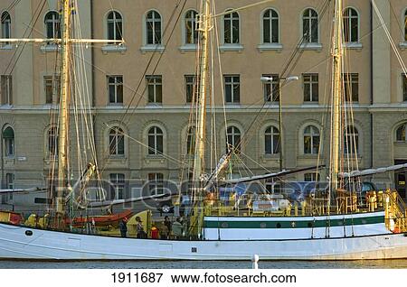Stock Photo - Boat And Building Exterior, Stockholm, Sweden. Fotosearch