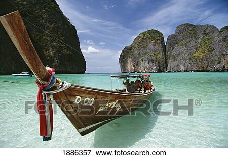Boat In Maya Bay View Large Photo Image Stock Photo - Boat In Maya Bay. Fotosearch