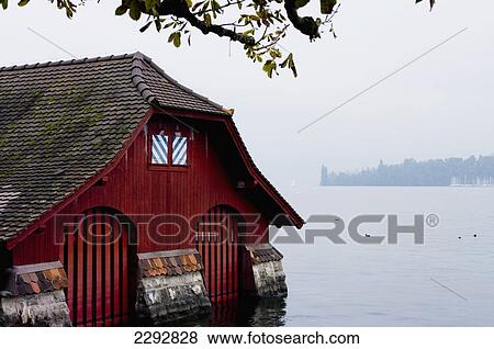 Stock Photo - Boathouse On Lake, Lucerne, Switzerland. Fotosearch