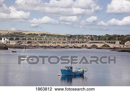 Stock Image - Boats Anchored In The Water; Berwick, Northumberland, England. Fotosearch