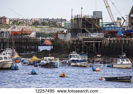 Boats and buoys in the river Tyne along the waterfront; South Shields, Tyne and Wear, England View Large Photo Image Stock Photography - Boats and buoys in the river Tyne along the waterfront; South Shields, Tyne and Wear, England. Fotosearch