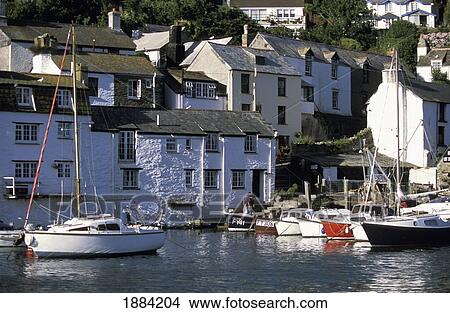 Picture - Boats And Houses Along Harbor In Polperro. Fotosearch