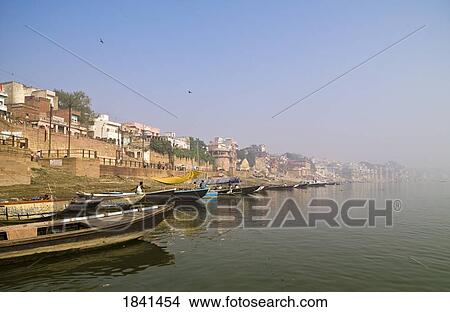Picture - Boats And Varanasi Cityscape; India. Fotosearch