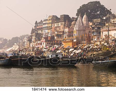 Picture - Boats And Varanasi Cityscape; India. Fotosearch