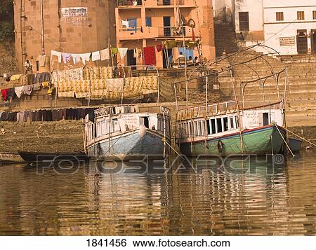 Stock Photograph - Boats In Varanasi; India. Fotosearch