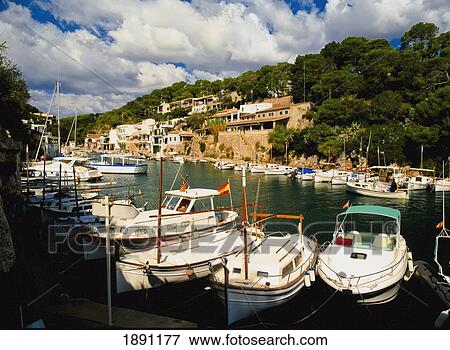 Stock Photo - Boats Moored Along Coast. Fotosearch