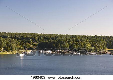 Stock Image - Boats Moored Along The Shoreline At The Entrance Of The Fjord; Stockholm, Sweden. Fotosearch
