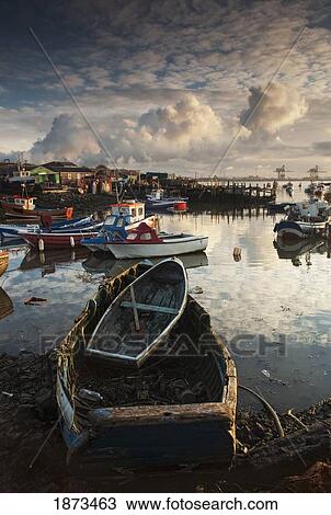 Stock Image - Boats Moored Along The Shoreline; Saltburn, Teesside, England. Fotosearch