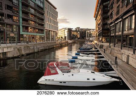 Stock Image - Boats Moored In A Canal; Oslo Norway. Fotosearch