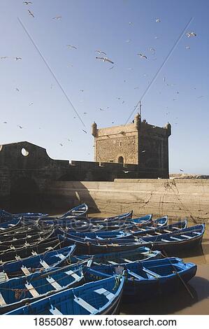 Boats Moored In Port Skala, Essaouira, Morocco View Large Photo Image Stock Photo - Boats Moored In Port Skala, Essaouira, Morocco. Fotosearch