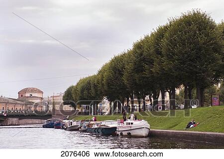 Boats Moored In The River; St. Petersburg Russia View Large Photo Image Stock Photograph - Boats Moored In The River; St. Petersburg Russia. Fotosearch