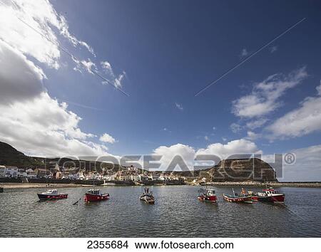 Picture - Boats Mooring In A Row In A Harbour With Houses Along The Waterfront; Staithes, Yorkshire, England. Fotosearch