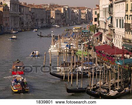 Stock Image - Boats On Canal, Elevated View; Grand Canal. Venice, Italy. Fotosearch