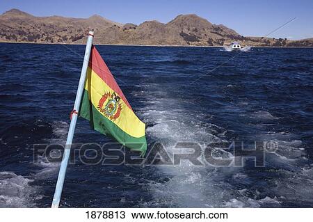 Stock Image - Bolivian Flag On Ferry From The Island Of The Sun. Fotosearch