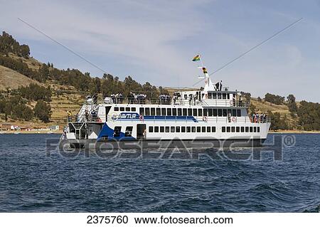 Stock Image - Bolivian Navy ship on Titicaca Lake, La Paz Department, Bolivia. Fotosearch