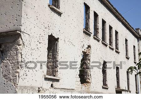 Stock Photograph - Bombed Out Building, Mostar, Herzegovina-Neretva, Bosnia And Herzegovina. Fotosearch