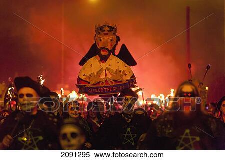 Stock Photography - Bonfire Societies Marching Through The Streets Of Seaford With Effigy Of Alfred The Great, East Sussex, Uk. Fotosearch