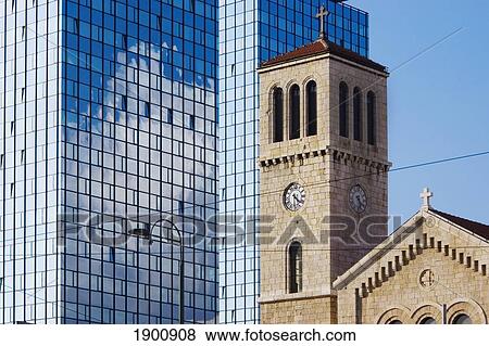 Bosnia, Sarajevo, Traditional Church And Glass Towers, Contrast View Large Photo Image Stock Photo - Bosnia, Sarajevo, Traditional Church And Glass Towers, Contrast. Fotosearch