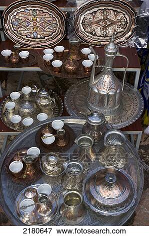 Stock Photo - Bosnia, Sarajevo, Turkish Quarter Bascarsija Brass Coffee Set And Trays. Fotosearch