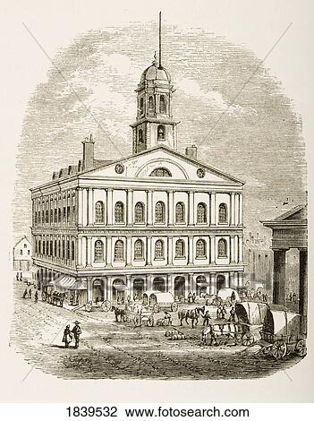 Stock Image - Boston Massachusetts, Faneuil Hall In 1870S. From American Pictures Drawn With Pen And Pencil By Rev Samuel Manning Circa 1880. Fotosearch