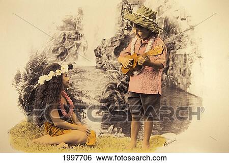 Stock Photograph - Boy Plays Ukulele To Girl Sitting Down In Front Of Waterfall. Fotosearch