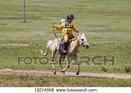 Stock Photo - Boy racing a horse in the Daaga (two-year old) horse race held during the 2014 Naadam Mongolian National Festival at Khui Doloon Khudag, the horse racing ground, Ulan Bator, Mongolia. Fotosearch