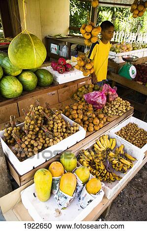 Stock Image - Boy Selling Fruit At Roadside Stall. Fotosearch