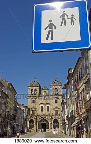 Stock Image - Braga Cathedral And Pedestrian Road Sign. Fotosearch