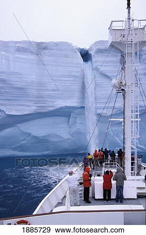 Brasvell Glacier, Waterfall And Tourist Ship View Large Photo Image Stock Photo - Brasvell Glacier, Waterfall And Tourist Ship. Fotosearch