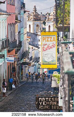 Stock Photo - Brazil, Bahia, Salvador, Pedestrians and buildings in old city centre. Fotosearch