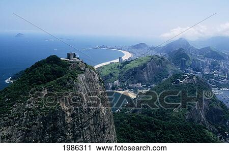 Stock Image - Brazil, Copacabana Beach in distance; Rio De Janeiro, Aerial view of Sugarloaf and city. Fotosearch